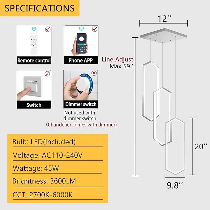 3-Rings Dimmable Pendant Lighting Adjust LED Chandelier Ceiling Light Fixtures for Kitchen Island Dining Room Living Room Bedroom Silver