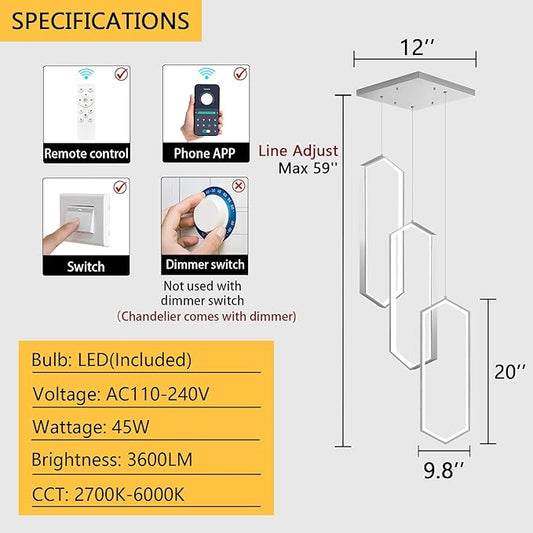 3-Rings Dimmable Pendant Lighting Adjust LED Chandelier Ceiling Light Fixtures for Kitchen Island Dining Room Living Room Bedroom Silver