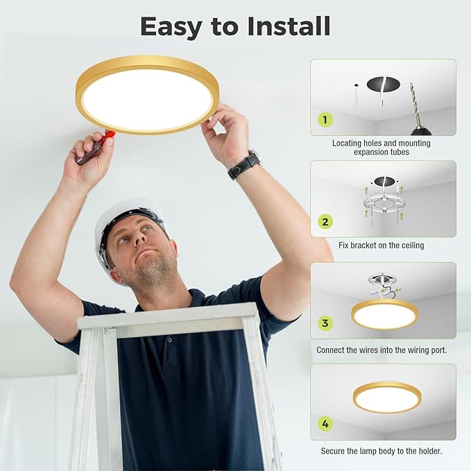 hepside LED Flush Mount Ceiling Light Fixture Golden, 12Inch 24W, Dimmable&3000K-6500K Adjustable Low Profile Ceiling Lights, 3200LM Modern Lamp for Kitchen, Bedroom, Porch, Hallway, White
