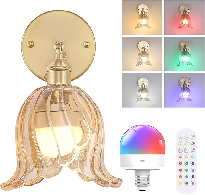 Shenmoyl Vintage Battery Operated Wall Sconce, Rechargeable Battery Powered Wall Sconces with Remote Control, Wireless Dimmable LED Light for Bedside Indoor Living Room (Amber Lily)