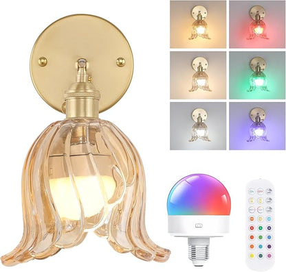 Shenmoyl Vintage Battery Operated Wall Sconce, Rechargeable Battery Powered Wall Sconces with Remote Control, Wireless Dimmable LED Light for Bedside Indoor Living Room (Amber Lily)