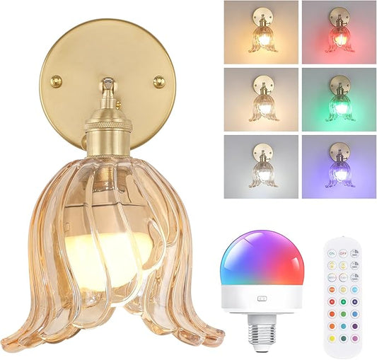 Shenmoyl Vintage Battery Operated Wall Sconce, Rechargeable Battery Powered Wall Sconces with Remote Control, Wireless Dimmable LED Light for Bedside Indoor Living Room (Amber Lily)
