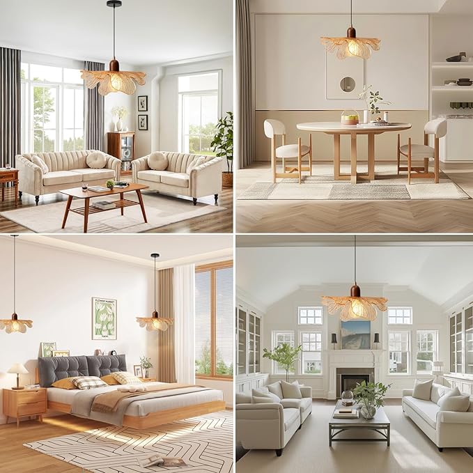 Vintage Glass Pendant Light Fixtures 2 Pack Modern Floral Chandelier with Hand-Blown Amber Glass Shade Natural Wood Grain Adjustable Hanging Light for Bedroom Entryway Dining Room