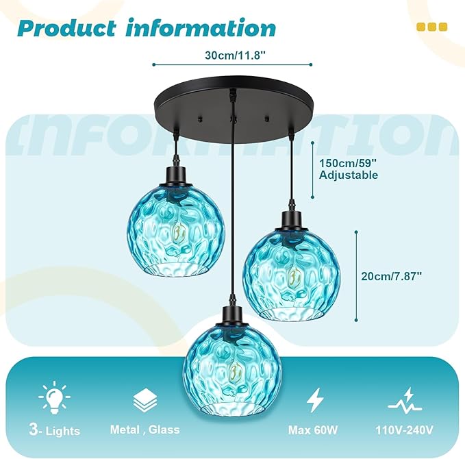 3-Light Kitchen Island Pendant Light with Blue Glass Shades, Adjustable Black Hanging Ceiling Lamp, Mid Century Modern Chandelier for Dining Room, Breakfast Bar, Farmhouse