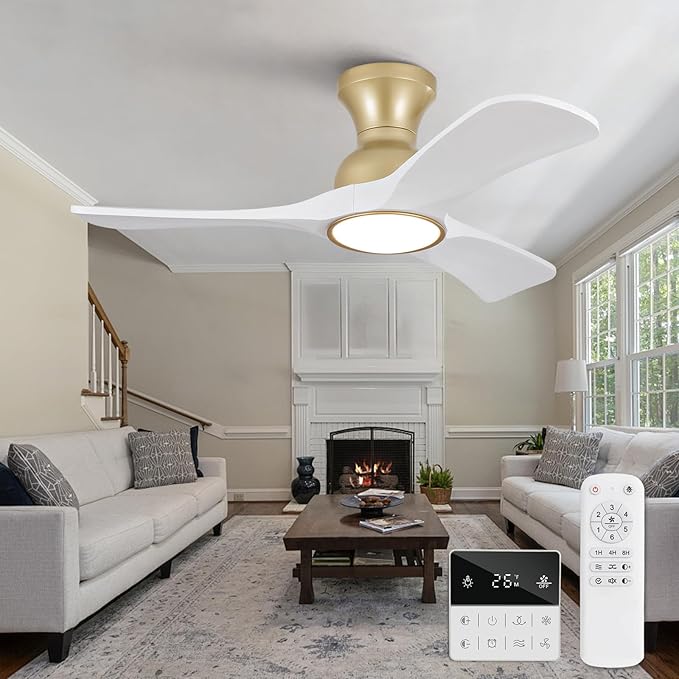 White Gold Ceiling Fans with Lights Flush Mount,36 inch Solid Wood,Remote Control,Wall Switch,Dimmable,Reversible,Power off Memory Modern Ceiling Fan for BedRoom Patio Indoor/Outdoor Use