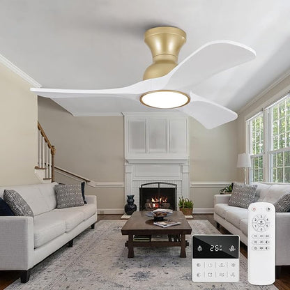 White Gold Ceiling Fans with Lights Flush Mount,36 inch Solid Wood,Remote Control,Wall Switch,Dimmable,Reversible,Power off Memory Modern Ceiling Fan for BedRoom Patio Indoor/Outdoor Use