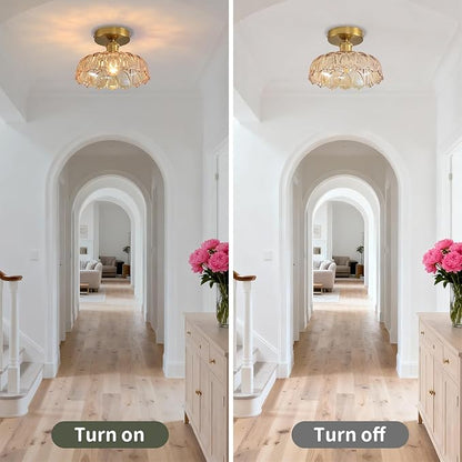 Semi Flush Mount Ceiling Light Mid Century Modern Floral Amber Glass Shade, Close to Ceiling Lighting Fixtures for Bedroom, Bathroom, Kitchen, Closet Laundry Room, Foyer and Hallway 9.45 in