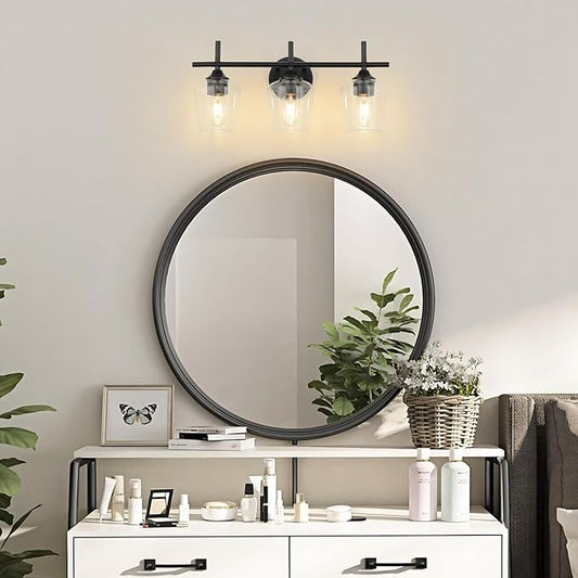Bathroom Vanity Light Fixtures, 3-Lights Over Mirror Modern Vanity Lighting with Clear Wine Glass Shade Wall Lamp for Bedroom Hallway Living Room(Black, 3-Light)