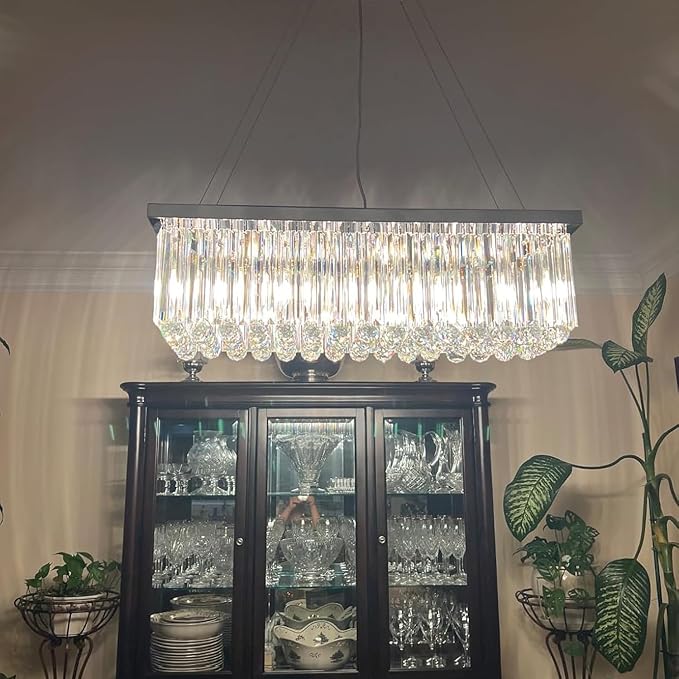 Modern Silver Rectangular Crystal Chandelier, Dining Room Chandeliers Over Table, Luxury Chrome Pendant Ceiling Light Fixtures for Kitchen Island, Living Room, Bar of CRYSTOP