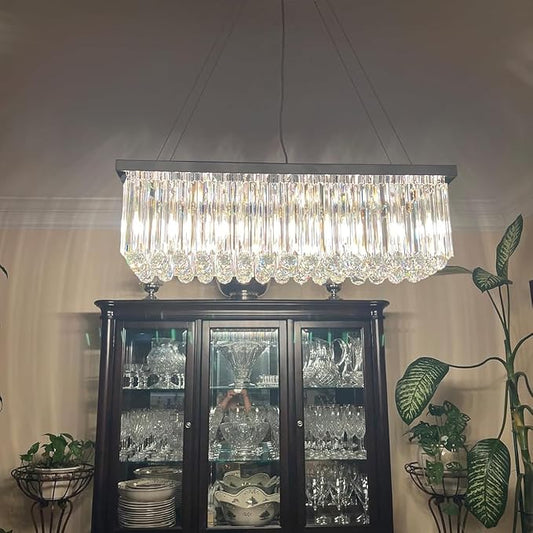 Modern Silver Rectangular Crystal Chandelier, Dining Room Chandeliers Over Table, Luxury Chrome Pendant Ceiling Light Fixtures for Kitchen Island, Living Room, Bar of CRYSTOP