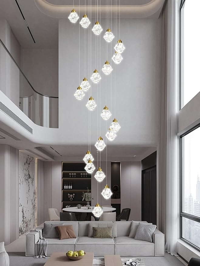 20-Light Modern Chandelier for Foyer Crystal Chandeliers for Living Room Gold Pendant Light Fixture Staircase Chandelier for High Ceilings Dimmable LED Hanging Light with Remote