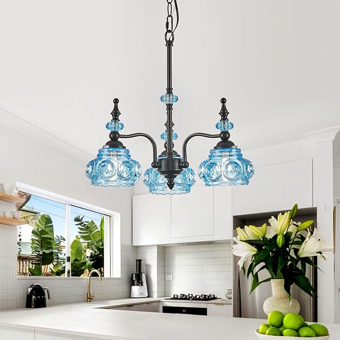 Blue 3-Light Pendant Light Fixtures Black Lights Victorian Vintage Celing Pendant Fixtures for Kitchen Island Bedroom Restrant