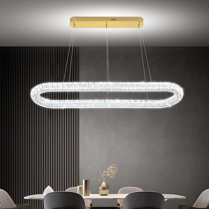 Large Led Gold Ring Chandelier for Living Room Modern 55in Linear Oval Chandeliers Over Table Crystal Ring Pendant Light for Dining Room Dimmable 3000K-6000K