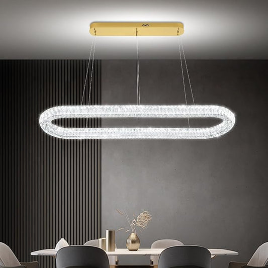 Large Led Gold Ring Chandelier for Living Room Modern 55in Linear Oval Chandeliers Over Table Crystal Ring Pendant Light for Dining Room Dimmable 3000K-6000K