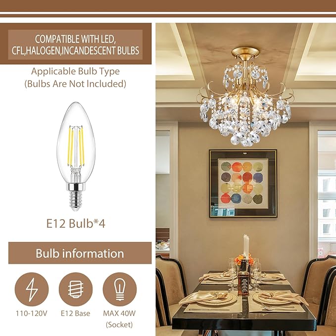 Gold Crystal Chandelier Ceiling Light, Luxury Crystal Semi Flush Mount Ceiling Lighting Fixture for Dining Room Bedroom Hallway Bar Kitchen, H 17.7'' x W 18.1''
