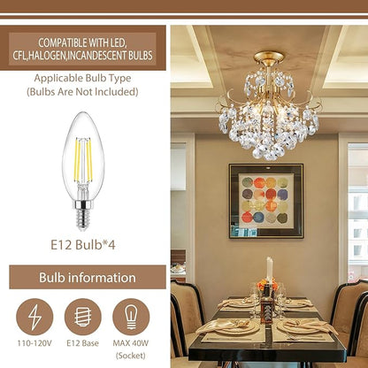 Gold Crystal Chandelier Ceiling Light, Luxury Crystal Semi Flush Mount Ceiling Lighting Fixture for Dining Room Bedroom Hallway Bar Kitchen, H 17.7'' x W 18.1''