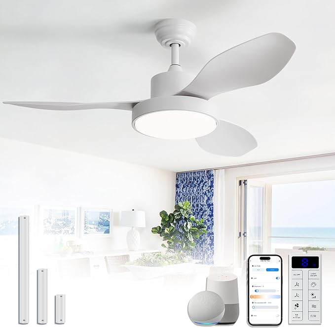 48 Inch Ceiling Fan with Lights Flush Mount Modern Energy-Efficient Outdoor Ceiling Fans with Remote,3 CCT Dimmable Quiet DC Motor & Timer for Patio/Bedroom/Farmhouse (White, 48 Inch/Smart Control)