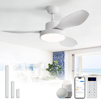 48 Inch Ceiling Fan with Lights Flush Mount Modern Energy-Efficient Outdoor Ceiling Fans with Remote,3 CCT Dimmable Quiet DC Motor & Timer for Patio/Bedroom/Farmhouse (White, 48 Inch/Smart Control)