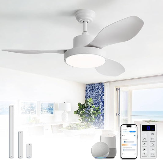 48 Inch Ceiling Fan with Lights Flush Mount Modern Energy-Efficient Outdoor Ceiling Fans with Remote,3 CCT Dimmable Quiet DC Motor & Timer for Patio/Bedroom/Farmhouse (White, 48 Inch/Smart Control)