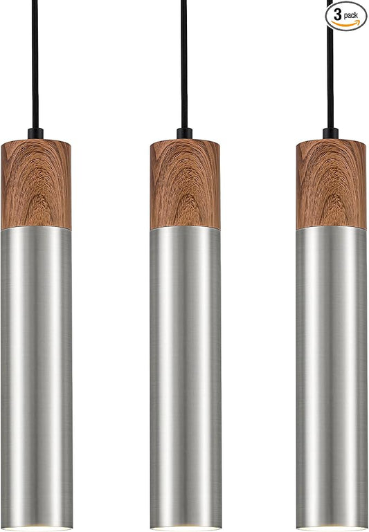 ELYONA 3 Pack Modern LED Pendant Light Fixtures, Brushed Nickel Metal with Wood Grain, 13.8" Mid Century Hanging Pendant Lights with GU10 Bulbs for Kitchen Island Dining Room Bedroom Adjustable Height