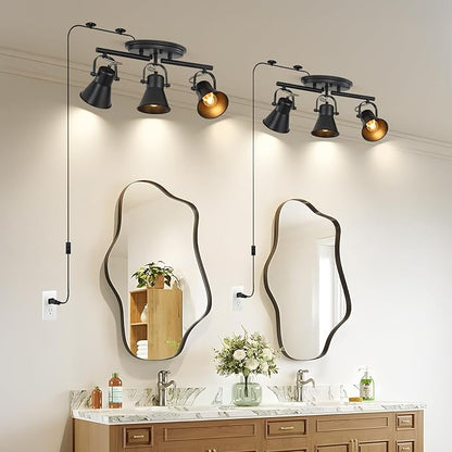 3-Lights Plug in Track Lighting with 14.8ft ON/Off Cord, Adjustable Plug in Ceiling Light,Black Track Lighting for Kitchen Dining Room Bathroom Over Sink Laundry Room