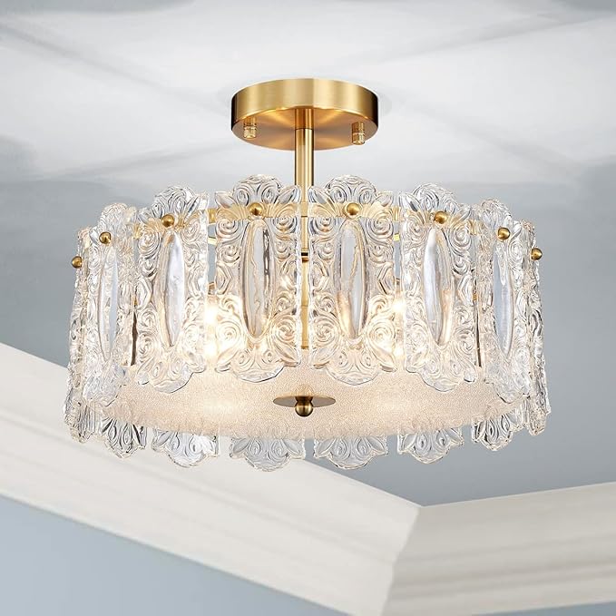 AGV LIGHTING Elegant Glass Chandelier Ceiling Light Fixture, Semi Flush Mount Ceiling Light for Bedroom, Modern Vintage Lighting, D15 x H10, Brass Gold Finish