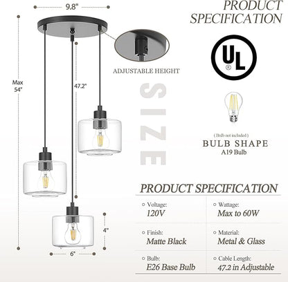 3-Light Pendant Lighting, Black Dining Room Chandelier Light Fixture Over Table with Clear Glass, Modern Cluster Hanging Lights for Kitchen Island Dining Room Sink, OS-YQ8153-3BKC
