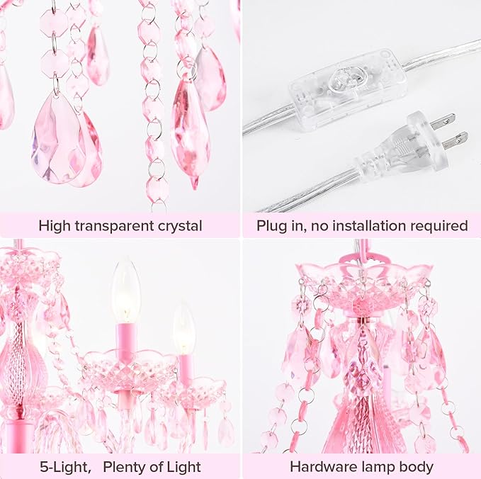 Plug-in 5 Lights Pink Crystal Hanging Pendant Light Acrylic Chandelier with Clear Cord & On/Off Switch H19 D19.7 for Kitchen Island Girls' Room Dining Area Laundry Pavilion.