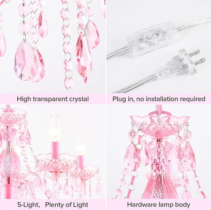 Plug-in 5 Lights Pink Crystal Hanging Pendant Light Acrylic Chandelier with Clear Cord & On/Off Switch H19 D19.7 for Kitchen Island Girls' Room Dining Area Laundry Pavilion.