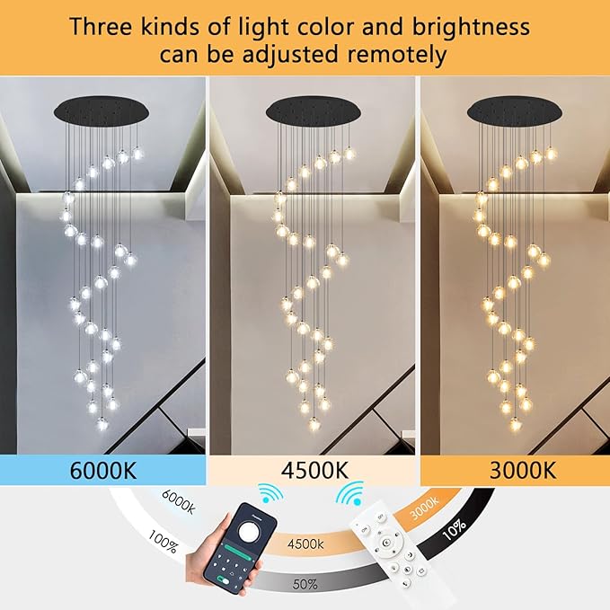 HAIXIANG 13ft Modern LED Chandeliers for Entryway Living Room Long Light High Ceiling Dining Room Light Dimmable Pendant Lighting Fixtures Chandelier for Foyer Staircase 2700K 6000K Lighting Black