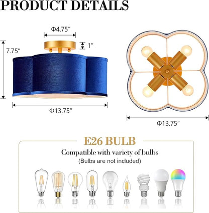 VILUXY Modern Semi Flush Mount Ceiling Light Fixture, Blue and Gold Ceiling Lights with Velvet Fabric Shade 4-Light Drum Ceiling Light Fixture for Bedroom Nursery Hallway Entryway Kitchen, UL Listed
