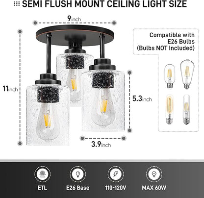 hykolity 3-Light Semi Flush Mount Ceiling Light, 9 Inch Oil Rubbed Bronze Close to Ceiling Light Fixtures with Seeded Glass Shades, Modern Ceiling Lighting for Kitchen, Bedroom, Entryway, ETL Listed