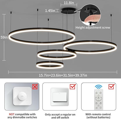 Mikeru Modern 4 Ring Chandelier Light, LED Pendant Light Fixtures with Remote Control 3000k-6500K Adjustable Color Temperature Light for Living Room, Bedroom, Kitchen