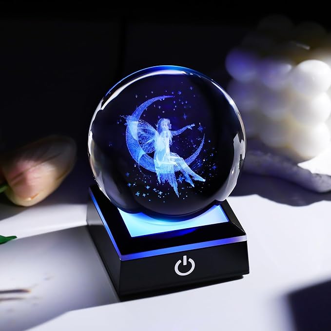 Arikyrist 3D Crystal Ball Moon Fairy Figurine with Colorful LED Base, Fairy Gifts for Women Girls on Christmas Birthday, Fairy Statue Glass Globe Decorative Ball for Home Decor (80mm)
