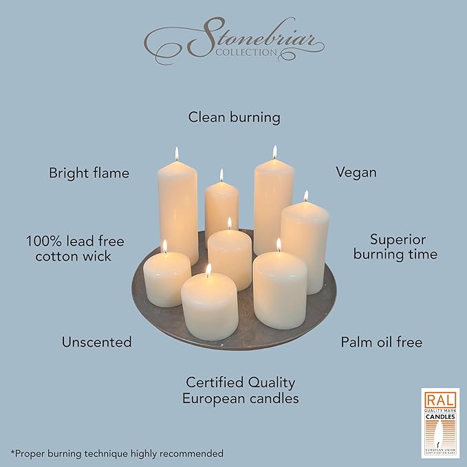 Stonebriar Unscented Pillar Candles – 65 Hour Burn Time, Long-Lasting Wax Candles for Weddings, Holidays, Home Décor & Special Events, Pack of 3, Ivory, 3" x 6"