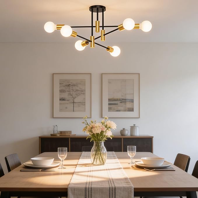 Modern Sputnik Chandelier Ceiling Light Fixtures, 6-Lights Mid Century Industrial Metal Semi Flush Mount Lamp for Bedroom Dining Room Living Room Kitchen Hallway Office-Black and Gold