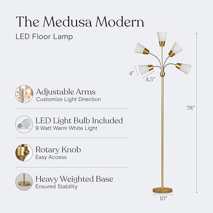 Brightech Medusa Modern LED Floor Lamp – Multi Head Floor Lamp for Living Rooms & Offices – Tall Lamp with Interchangeable Shade, Standing Lamp with 5 LED Bulbs for Hobbies - Brass