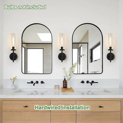 MOKATNG Wall Sconces Set of Two, Matte Black Bathroom Sconces with Clear Glass, Hardwired Sconces Wall Decor Set of 2, Modern Wall Light Fixtures for Bathroom Mirror Living Room Bedroom Hallway