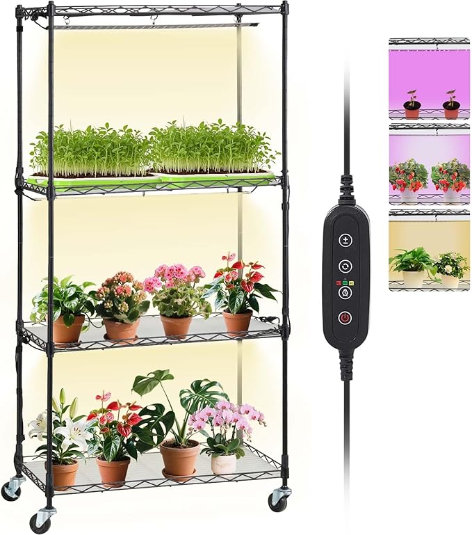 VEVOR Plant Stand with Grow Light, 4-Tier Plant Shelfwith 45W Full Spectrum LED, 3 Mode Plant Light with Timer and Wheel for Seed Starting, Metal Plant Rack for Indoor Plants