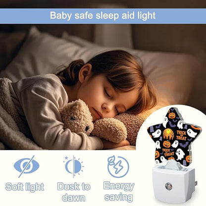 Halloween Pumpkin Night Light,Ghost Bats Plug-in Star Night Lights with Dusk-to-Dawn Sensor for Bedroom,Bathroom,Living Room Sleep Friendly Lamp for Women Girls Boys Gift,0.5W