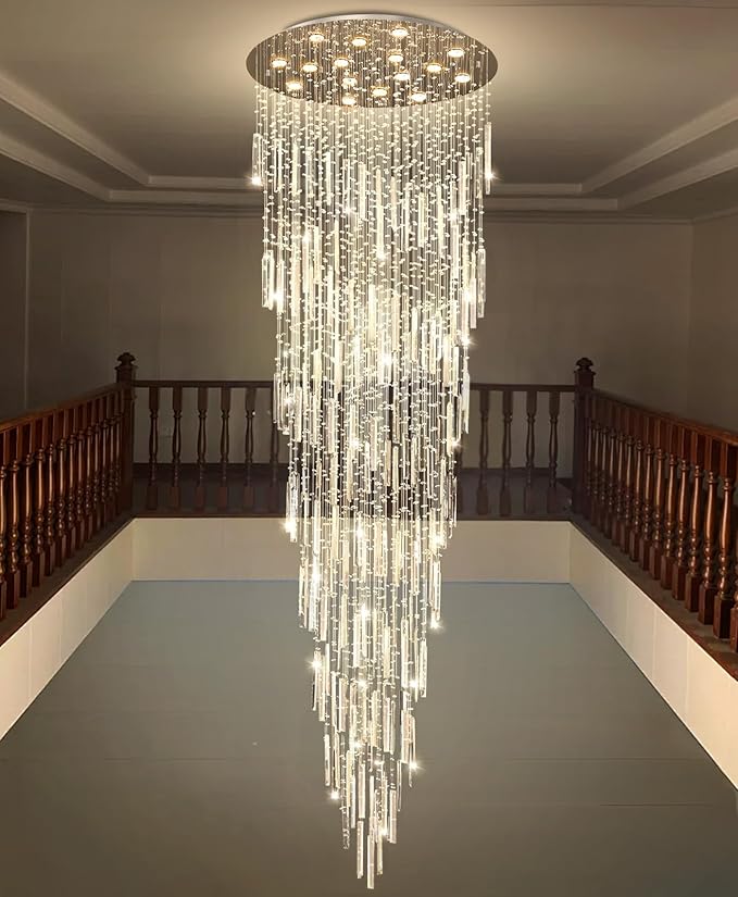 D40'' x H120'' Crystal Chandelier High Ceiling Chandeliers for Entryway Large Raindrop Chandeliers LED Dimmable Flush Mount Light Fixtures for Staircaes Foyer Hallway Living Room Bulbs Included Silver