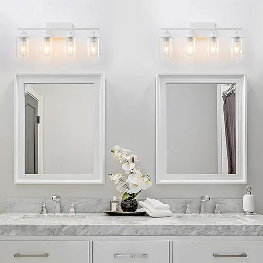 4 Light White Bathroom Light Fixtures Vanity Light Over Mirror Modern Wall Lighting Sconces Rustic Industrial Wall Lamp for Bathroom, Bedroom, Living Room E26 Socket with Glass Shade