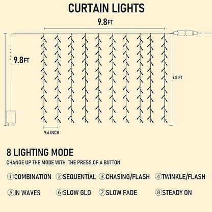 Dazzle Bright 300 LED Curtain String Lights, Christmas Fairy Lights for Bedroom with 8 Lighting Modes, Connectable Waterproof Window Lights Party Wedding Garden Wall Decor, Multi-Colored