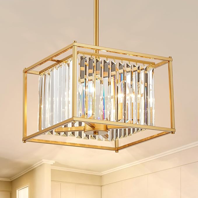 Gold Crystal Chandeliers for Dining Room Square 4-Light Height Adjustable 13" Modern Farmhouse Geometric Pendant Lighting Fixture for Bedroom Entryway Foyer Hallway