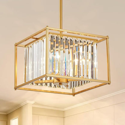 Gold Crystal Chandeliers for Dining Room Square 4-Light Height Adjustable 13" Modern Farmhouse Geometric Pendant Lighting Fixture for Bedroom Entryway Foyer Hallway