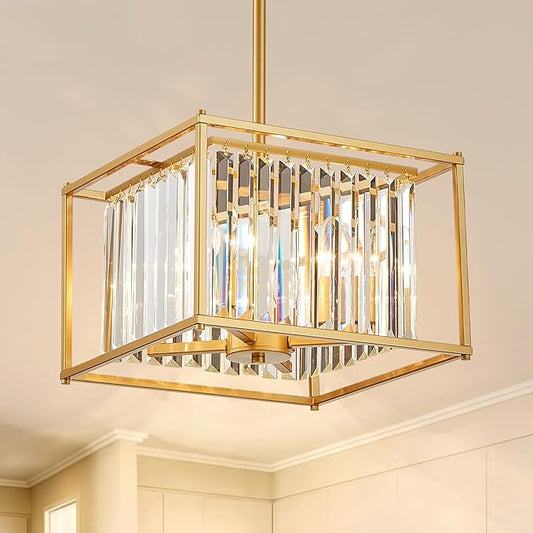 Gold Crystal Chandeliers for Dining Room Square 4-Light Height Adjustable 13" Modern Farmhouse Geometric Pendant Lighting Fixture for Bedroom Entryway Foyer Hallway