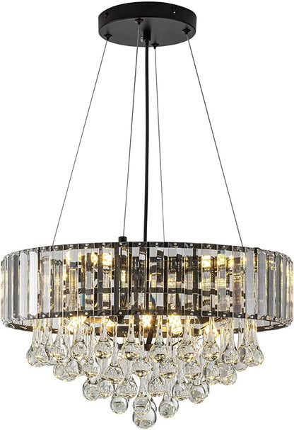 HOPGGIE 17 Inch Crystal Chandeliers Flush Mount Chandelier G9 Base Round Modern Ceiling Light Fixture Pendant Lighting for Living Room Dining Room Laundry Room Kitchen Bedroom (Black)