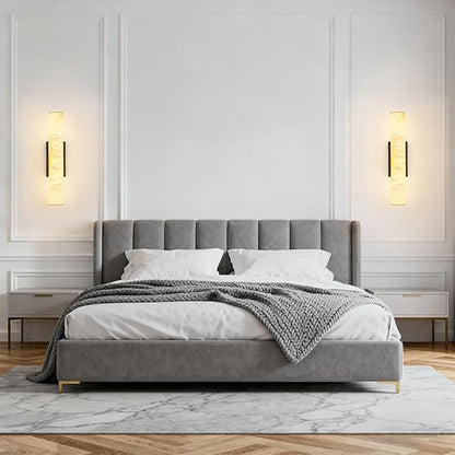 LMQNINE Natural Alabaster Wall Sconces Set of Two Spanish Marble Wall Light Cylinder Modern Black LED Sconce for Living Room Bedroom Bathroo Stairs（S-2Pack）
