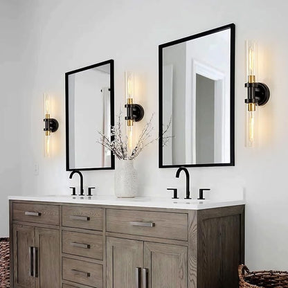 SANTOSTOCK Hardwired Wall Sconces Set of 2, Bathroom Sconces Vanity Light Fixture with Clear Glass, Black and Gold Farmhouse Wall Lights for Bathroom Mirror Living Room Hallway Kitchen