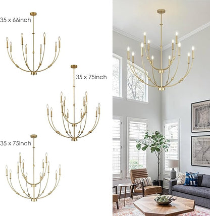 35" Large Chandeliers for Dining Room, Modern Gold 12-Lights Candle Style 2-Tiers Hanging Light Fixture for High Ceiling Living Room Foyer Staircase